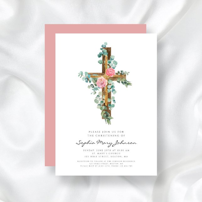 Rosa Eucalyptus Kor Religiösa Christening Inbjudningar (Pink Eucalyptus Cross Religious Christening Invitation)