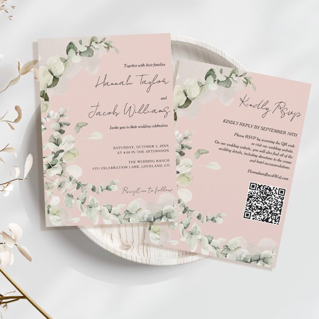  Rosa Eucalyptus QR Code Bröllop Inbjudningar (qr code wedding invitation with rsvp blush pink)