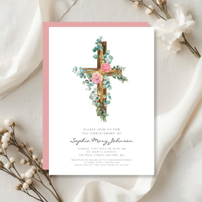 Rosa Eukalyptus Kors Religiöst Dop  Inbjudningar (Pink Eucalyptus Cross Religious Christening Invitation)