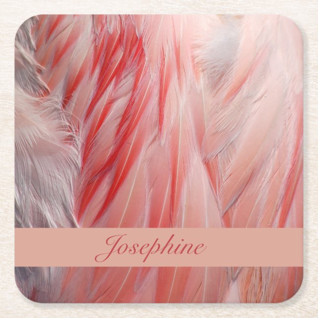  Rosa Exotic Flamingo Bird Feathers Struktur Underlägg Papper Kvadrat (Framsidan)