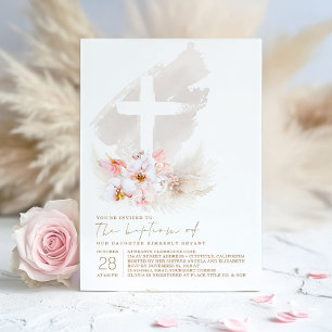 Rosa Exotic Flower Kor Pampas Grass Girl Baptism Inbjudningar