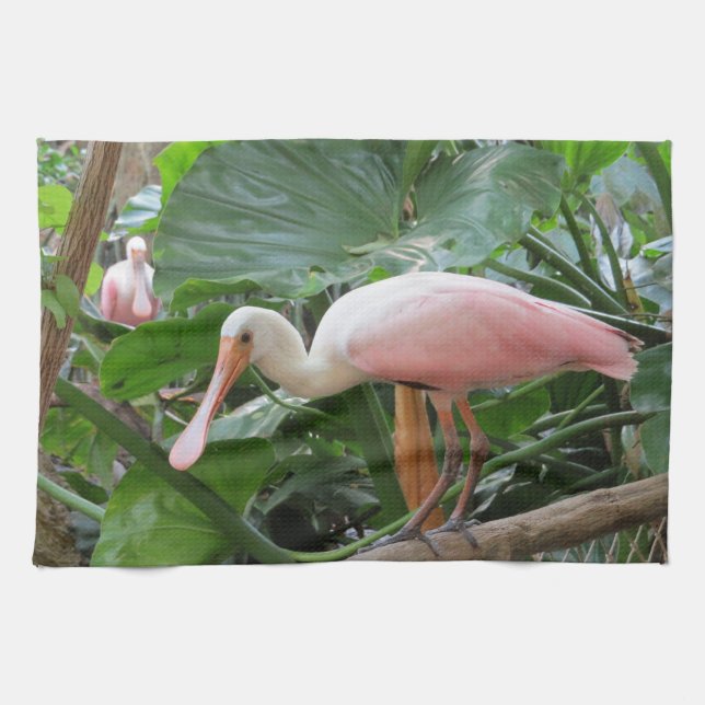 Rosa exotiskt fågelkök för Roseate Spoonbill Kökshandduk (Horisontell)