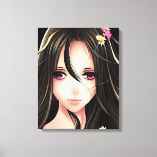 Rosa Eyed Brunette Anime Girl Tecknad Canvastryck