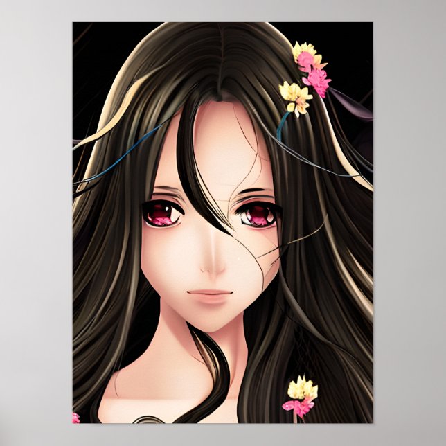 Rosa Eyed Brunette Anime Girl Tecknad Poster (Framsidan)
