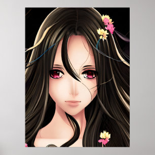 Rosa Eyed Brunette Anime Girl Tecknad Poster