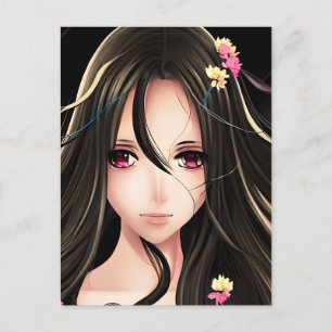 Rosa Eyed Brunette Anime Girl Tecknad Vykort