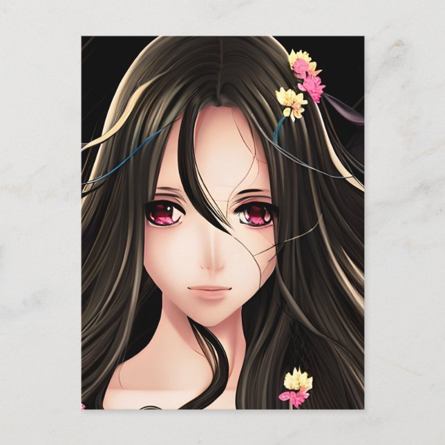 Rosa Eyed Brunette Anime Girl Tecknad Vykort (Framsida)