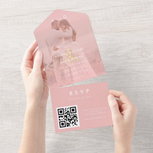 Rosa Faded Photo Guld Ampersand & QR Code Bröllop (Avrivbar del)