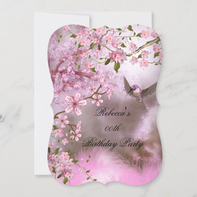 Rosa Fågel Asiatisk Blomning Födelsedagsfest Inbjudningar (Framsida)