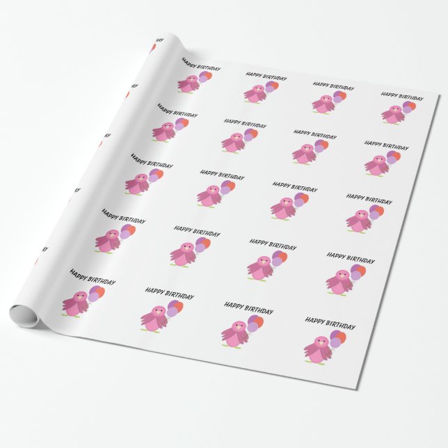 Rosa Fågel med Ballonger Presentpapper (Utrullad)
