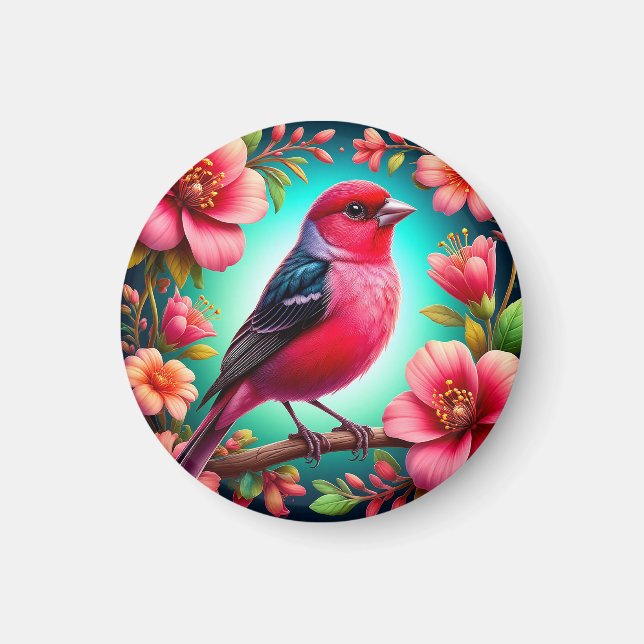 Rosa Fågel Och Rosa Blommor Kylskåpsdekor Fågeläls Magnet (Framsidan)