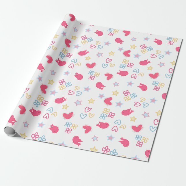 Rosa fåglar och Kärlek Hearts Presentpapper (Utrullad)