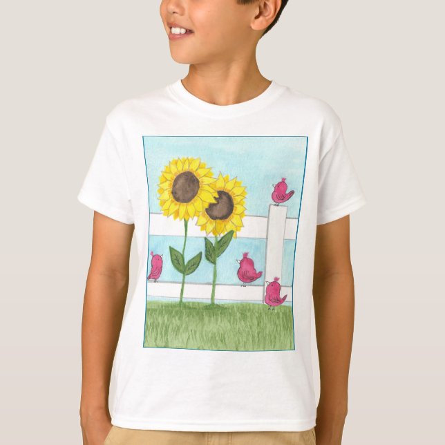 Rosa Fåglar & Solrosor Barn T Shirt (Framsida)