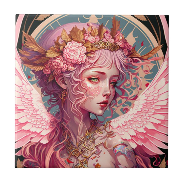 Rosa Fairy Angel Fantasy Art Kakelplatta (Framsidan)