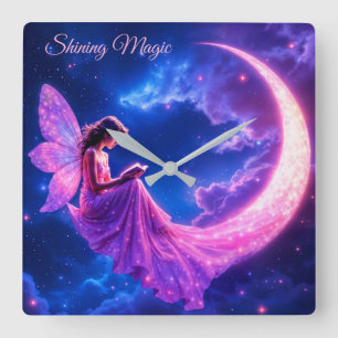 Rosa Fairy crescent måne gllow söt magi Fyrkantig Klocka