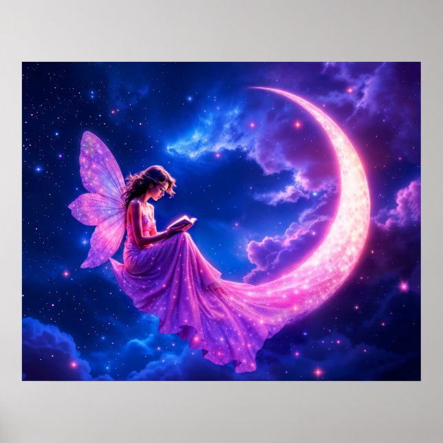 Rosa Fairy crescent måne gllow söt magi Poster (Framsidan)