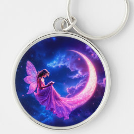 Rosa Fairy fantasy glitter neon måne Rund Silverfärgad Nyckelring