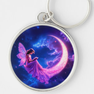 Rosa Fairy fantasy glitter neon måne Rund Silverfärgad Nyckelring