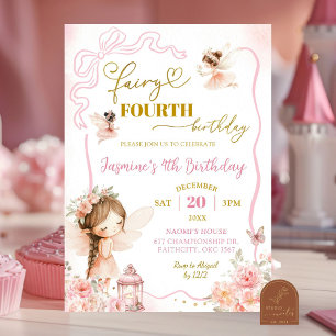 Rosa Fairy Four Girl Birthday Call Inbjudningar