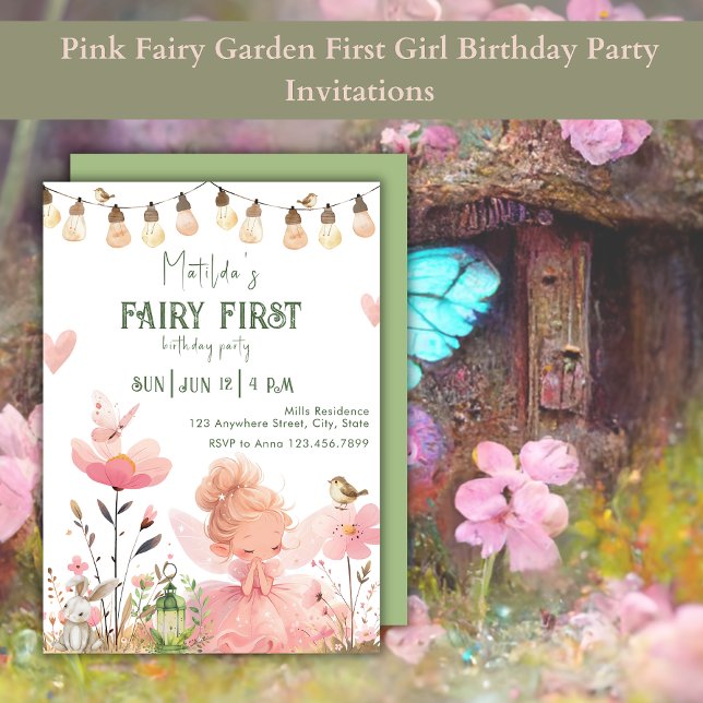Rosa Fairy Garden First Girl Födelsedagsfest Inbjudningar (Skapare uppladdad)