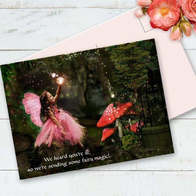 Rosa Fairy Girl Get well Soon Postcard Vykort (Get Well Soon Postcard featuring a magical illustration of a fairy in an enchanted garden)