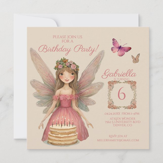 Rosa Fairy Girls Birthday Inbjudningar (Framsida)