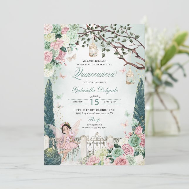 Rosa Fairy Princess Enchanted Garden Quinceanera Inbjudningar (Stående Fram)