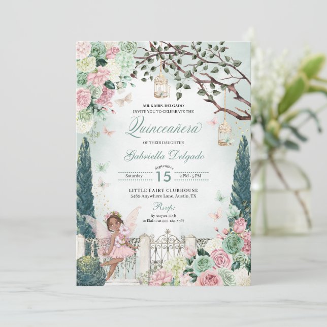 Rosa Fairy Princess Enchanted Garden Quinceanera Inbjudningar (Stående Fram)