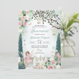 Rosa Fairy Princess Enchanted Garden Quinceanera Inbjudningar