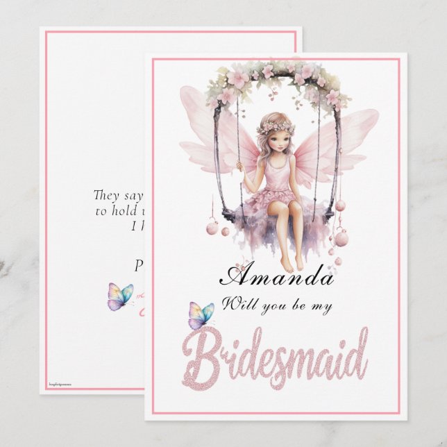 Rosa Fairy Swing blir min bridesmaid Inbjudningar (Fram/baksida)