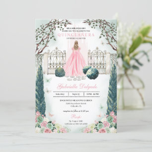 Rosa Fairytale Castle Enchanted Garden Quinceanera Inbjudningar