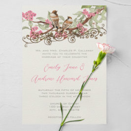 Rosa Fairytale Forest Love birds Bröllop Inbjudningar