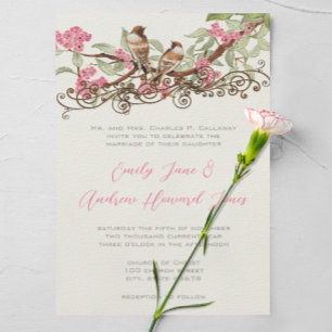 Rosa Fairytale Forest Love birds Bröllop Inbjudningar