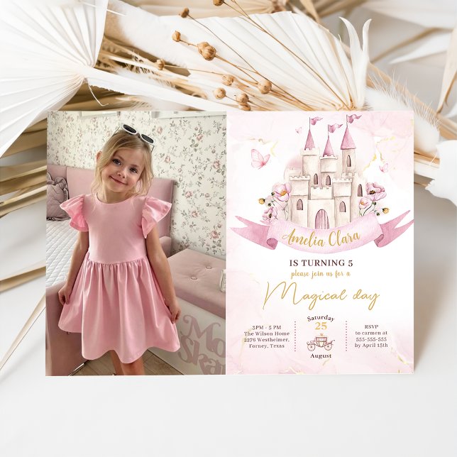 Rosa Fairytale Princess Castle Girl Birthday Photo Inbjudningar (Skapare uppladdad)