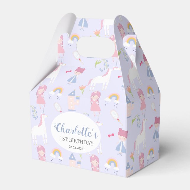 Rosa Fairytale Princess Unicorn 1st Birthday Party Presentaskar (Framsidan Sidan)