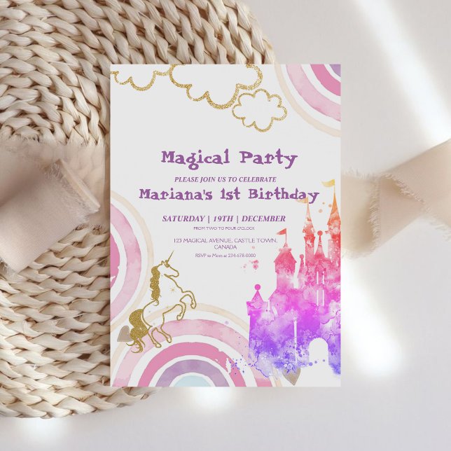 Rosa Fairytale Rainbow och Unicorn Födelsedagsfest Inbjudningar (Skapare uppladdad)