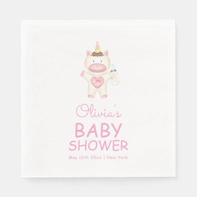 Rosa Fairytale Unicorn Flaska Baby Shower Pappersservett (Framsidan)