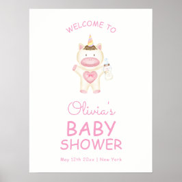Rosa Fairytale Unicorn Flaska Baby Shower Välkomme Poster