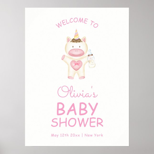 Rosa Fairytale Unicorn Flaska Baby Shower Välkomme Poster (Framsidan)