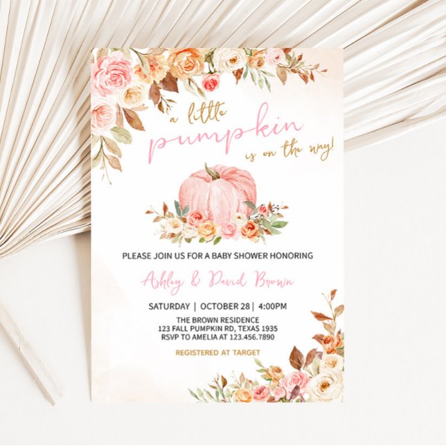 Rosa Fall Blommigt Pumpkin Baby Shower Inbjudningar (Girl Autumn Baby Shower Invitation)