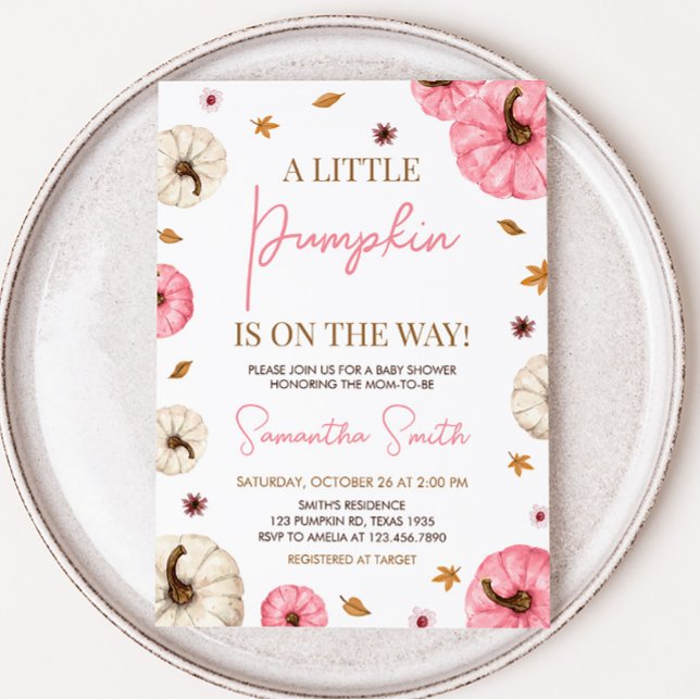Rosa Fall Little Pumpkin Baby Shower Inbjudningar (Girl Fall Pumpkin Baby Shower Invitation)