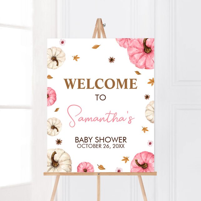 Rosa Fall Little Pumpkin Baby Shower Välkommen Poster (Girl Fall Pumpkin Baby Shower Welcome Sign)