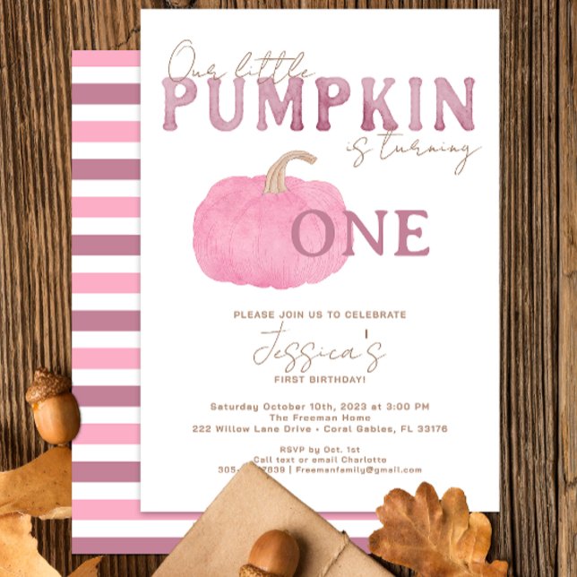 Rosa Fall Pumpkin 1:a födelsedagsinbjudan Inbjudningar (pink pumpkin modern watercolor birthday party invitation)