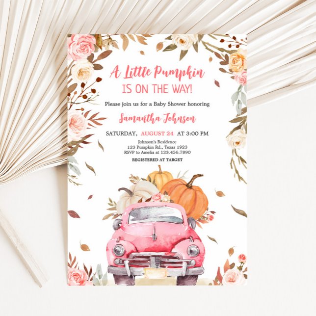 Rosa Fall Pumpkin Lastbil Baby Shower Inbjudningar (Truck Pumpkin Baby Shower Invitation
)