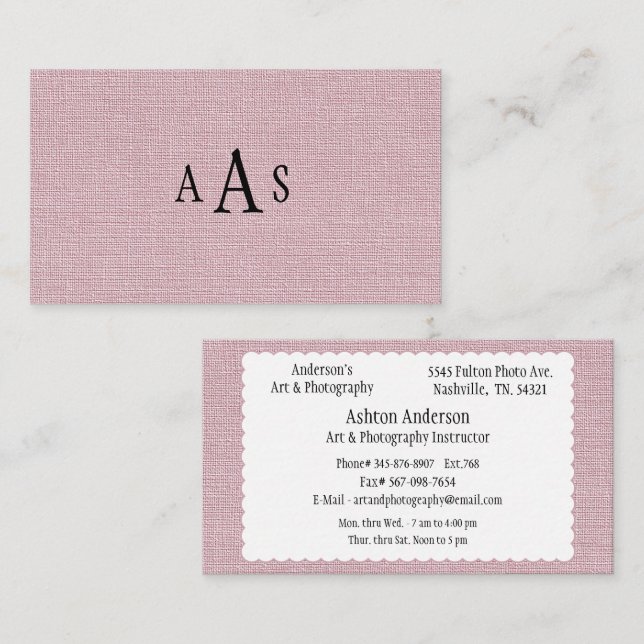 Rosa fals linne Elegant monogram Visitkort (Fram/baksida)