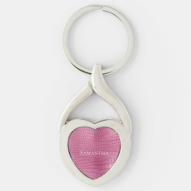 Rosa falska alligator djurtryck twisted heart silverfärgad nyckelring (Framsidan)