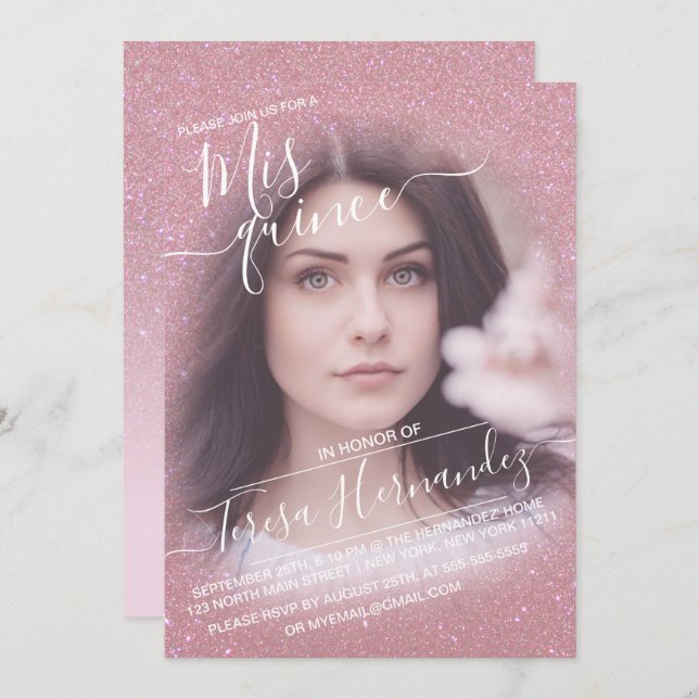 Rosa Falskt Gnistrande Glitter Ombre Foto Quinceañ Inbjudningar (Fram/baksida)
