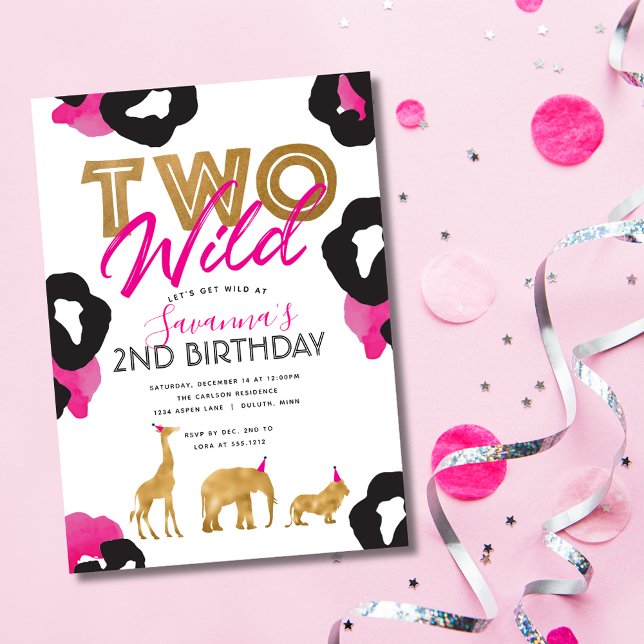 Rosa falskt guld Safari Två vilda födelsedagsinbju Inbjudningar (Pink Faux Gold Safari Two Wild Birthday Invitation)