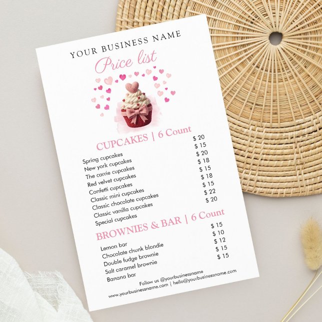 Rosa falsvirkad Cupcake Bakery Prislista Flyer (Pink Faux Crochet Cupcake Bakery Price List)