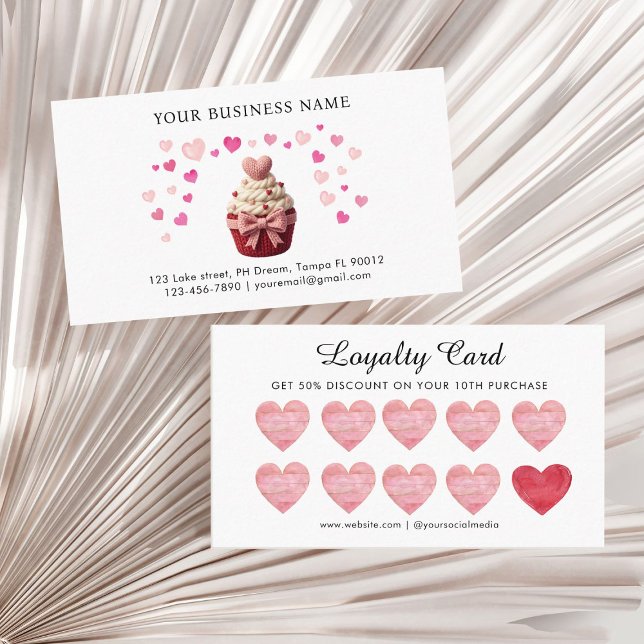 Rosa falsvirkad hjärtformad cupcake-bageri  lojalitetskort (Pink and red Faux crochet valentine cupcakes bakery loyalty card)